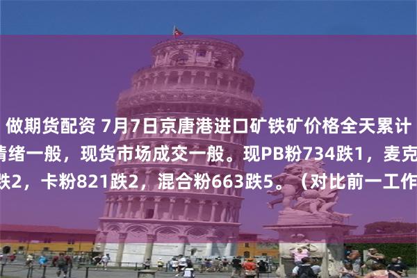 做期货配资 7月7日京唐港进口矿铁矿价格全天累计下跌1-8。市场交投情绪一般，现货市场成交一般。现PB粉734跌1，麦克粉714跌2，卡粉821跌2，混合粉663跌5。（对比前一工作日晚间价格；单位：元/湿吨）
